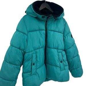 madden girl Short Puffer turquoise, green,/ blue fleece Lined Hood Jacket/Coat M